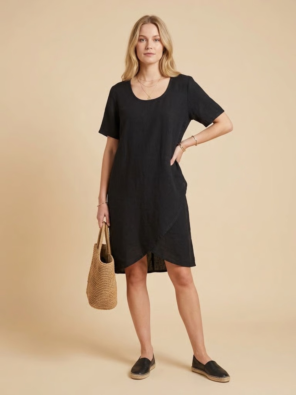 FLAX | Black Short Sleeve Linen Tunic Dress with Layered Hem Sz 3X